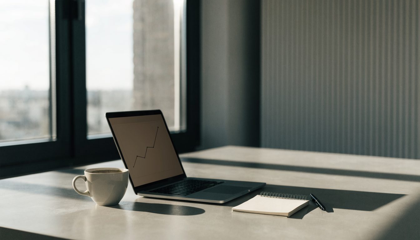 Laptop with an abstract rate chart on a desk by a window (illustrative)