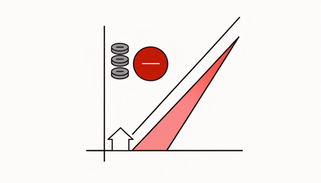 Flat vector chart of two diverging mortgage rate lines with the widening gap filled solid, a house at the origin, and three small coin discs beside one much larger disc