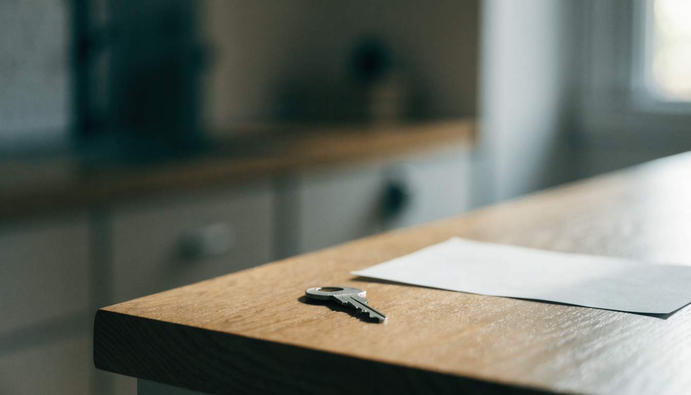 A single house key and an unmarked document on a bare kitchen counter in an empty Toronto apartment
