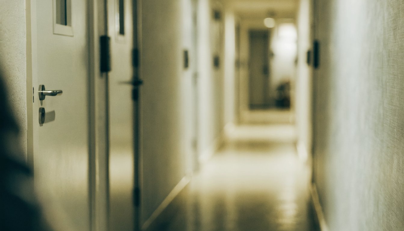 Apartment corridor with numbered doors (illustrative)