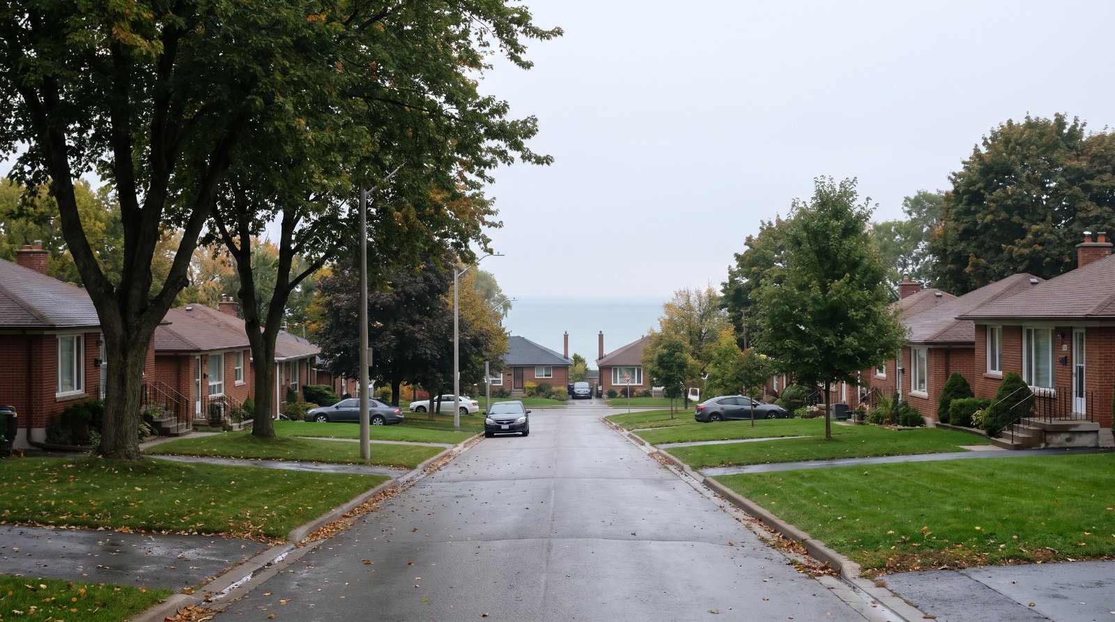 A residential street of post-war brick houses in New Toronto and Long Branch, south Etobicoke, with Lake Ontario beyond