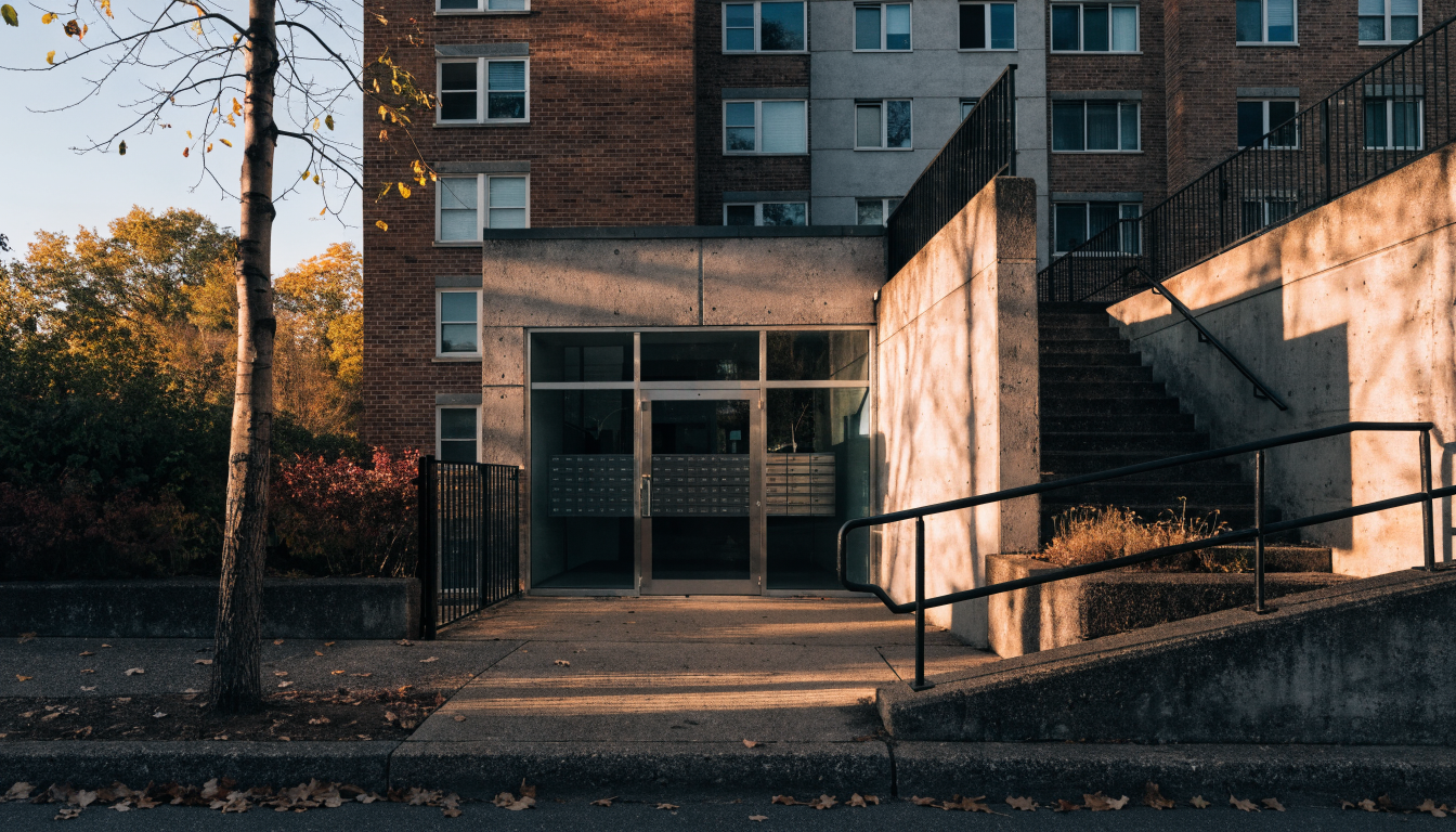 The glass entrance vestibule of a mid-rise Toronto rental apartment building with mailboxes inside and autumn leaves on the walkway