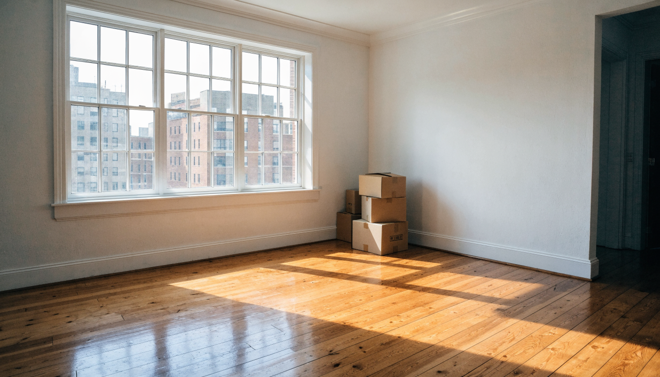 An empty Toronto apartment living room on move-in day with bare floors and a small stack of moving boxes