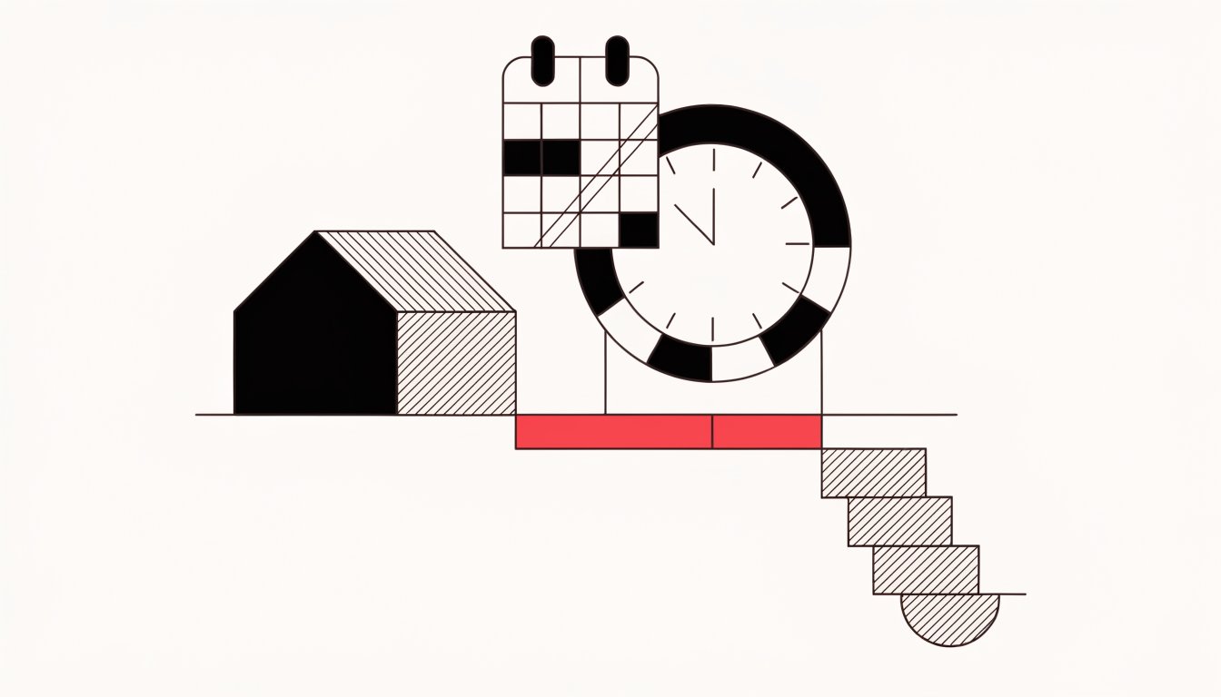 Flat vector illustration of a house beside a calendar and clock motif with a two-part timeline and a five-step descending waterfall of bars flowing into a coin