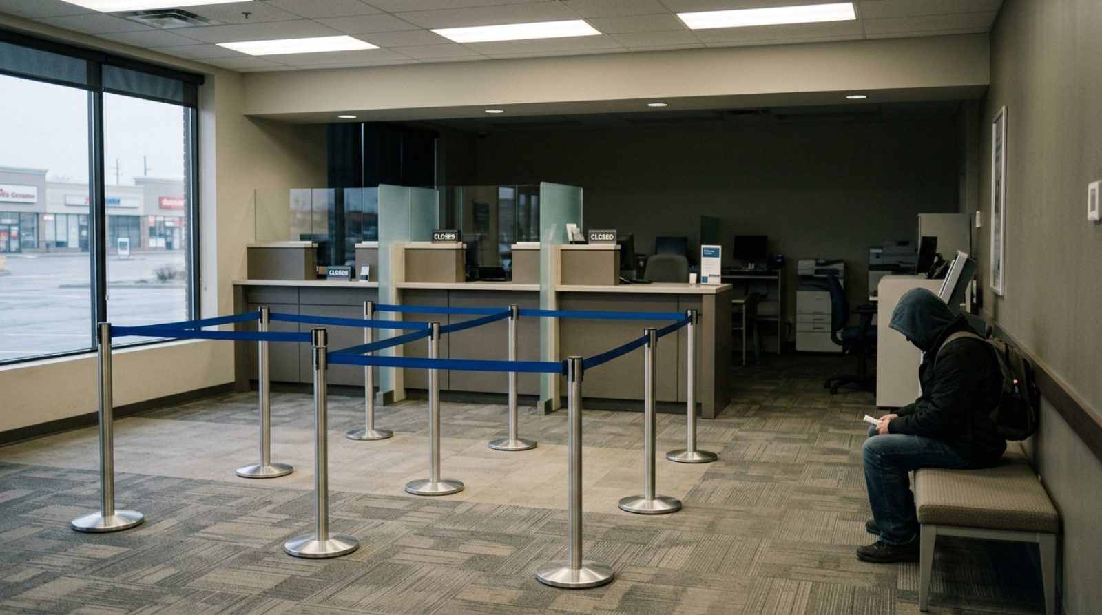 A quiet Canadian bank branch interior in a suburban plaza with empty queue barriers and a closed counter