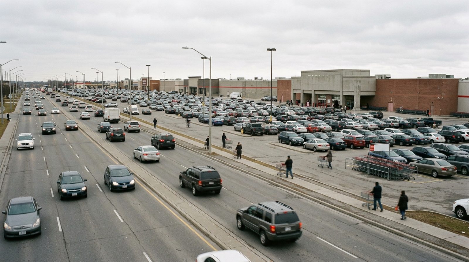 A big-box retail belt on a wide suburban Toronto arterial road with large-format stores and a vast parking lot