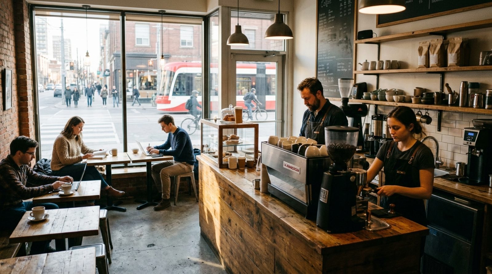 A small independent coffee shop with an espresso counter and morning light through a storefront window