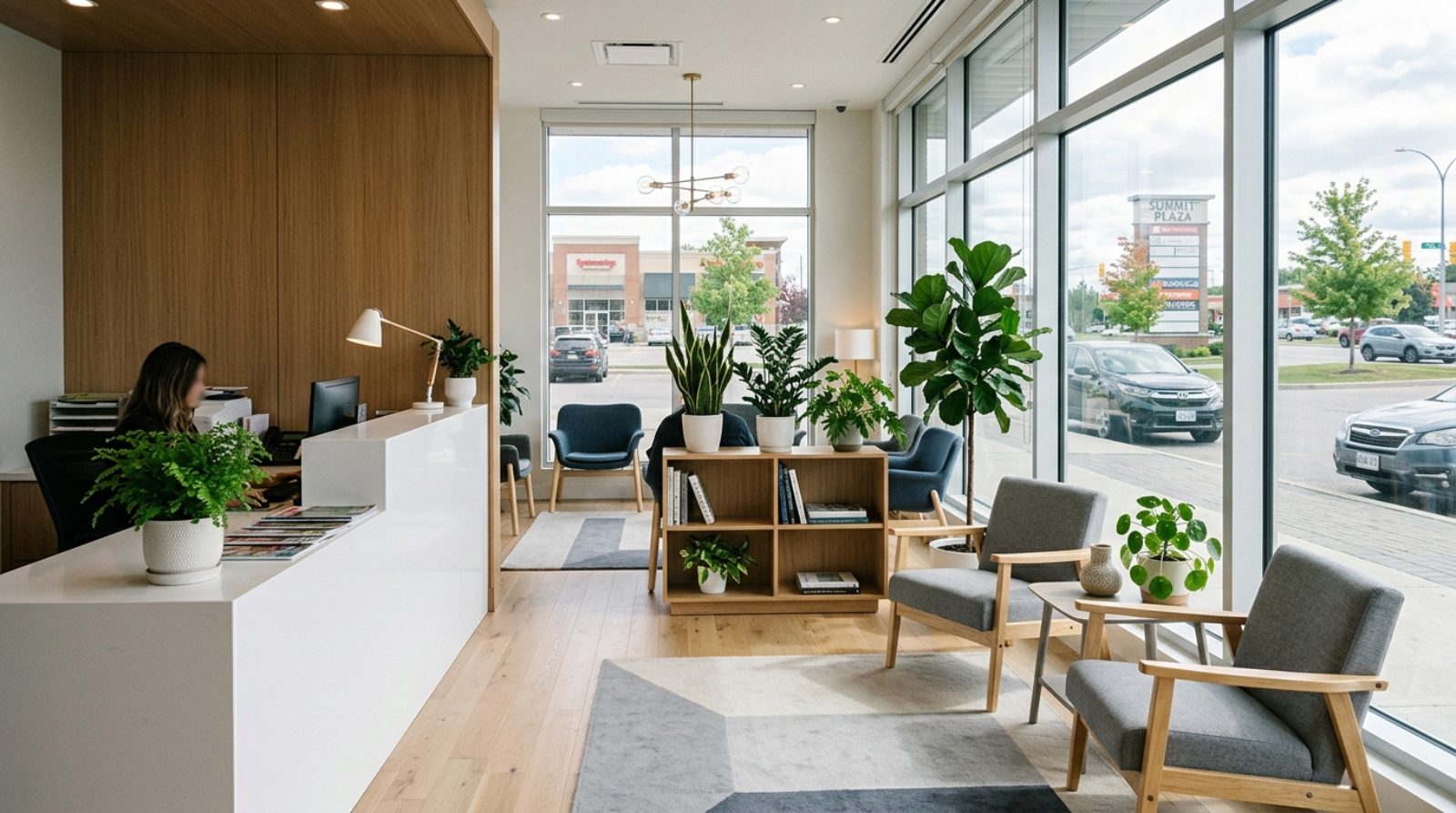 A bright modern dental clinic reception in a suburban Canadian retail plaza