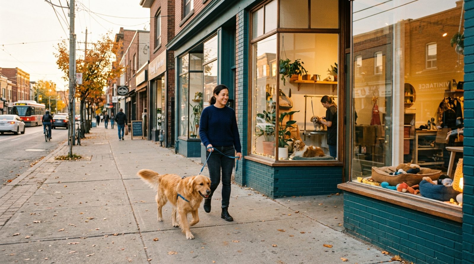 A person walking a dog past a neighbourhood pet grooming storefront on a Toronto sidewalk