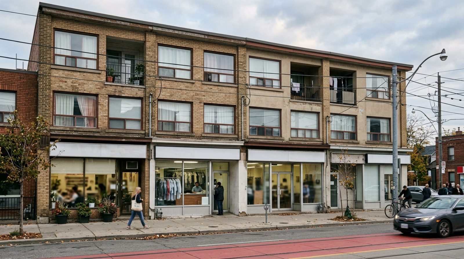 A mixed everyday-services retail strip in Toronto with small service storefronts and apartment windows above