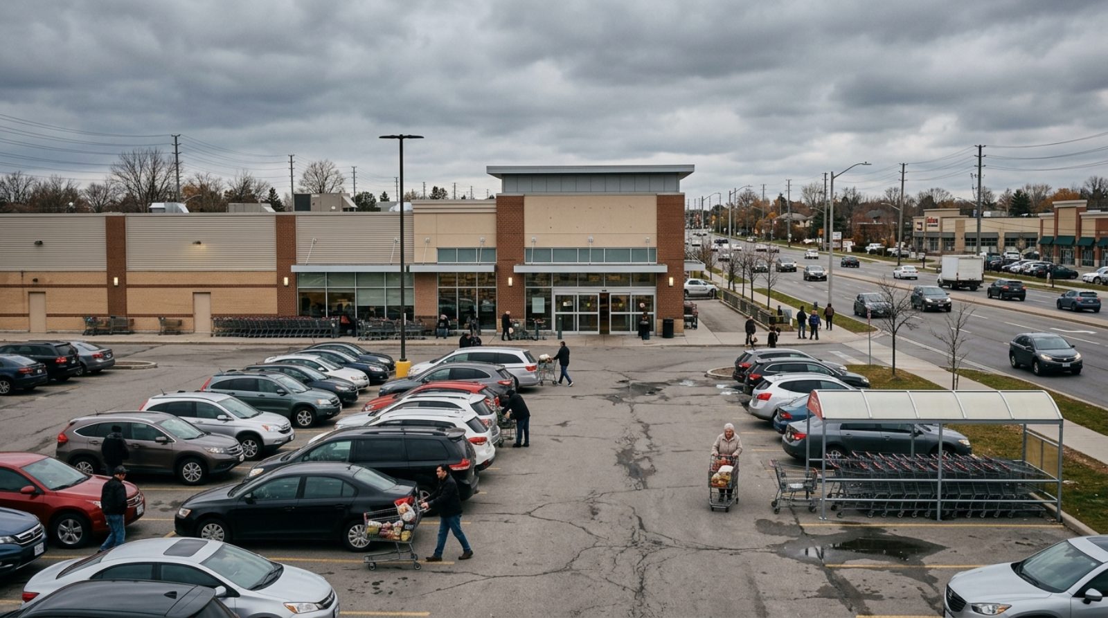 A suburban Canadian supermarket exterior with a large parking lot on a wide arterial road