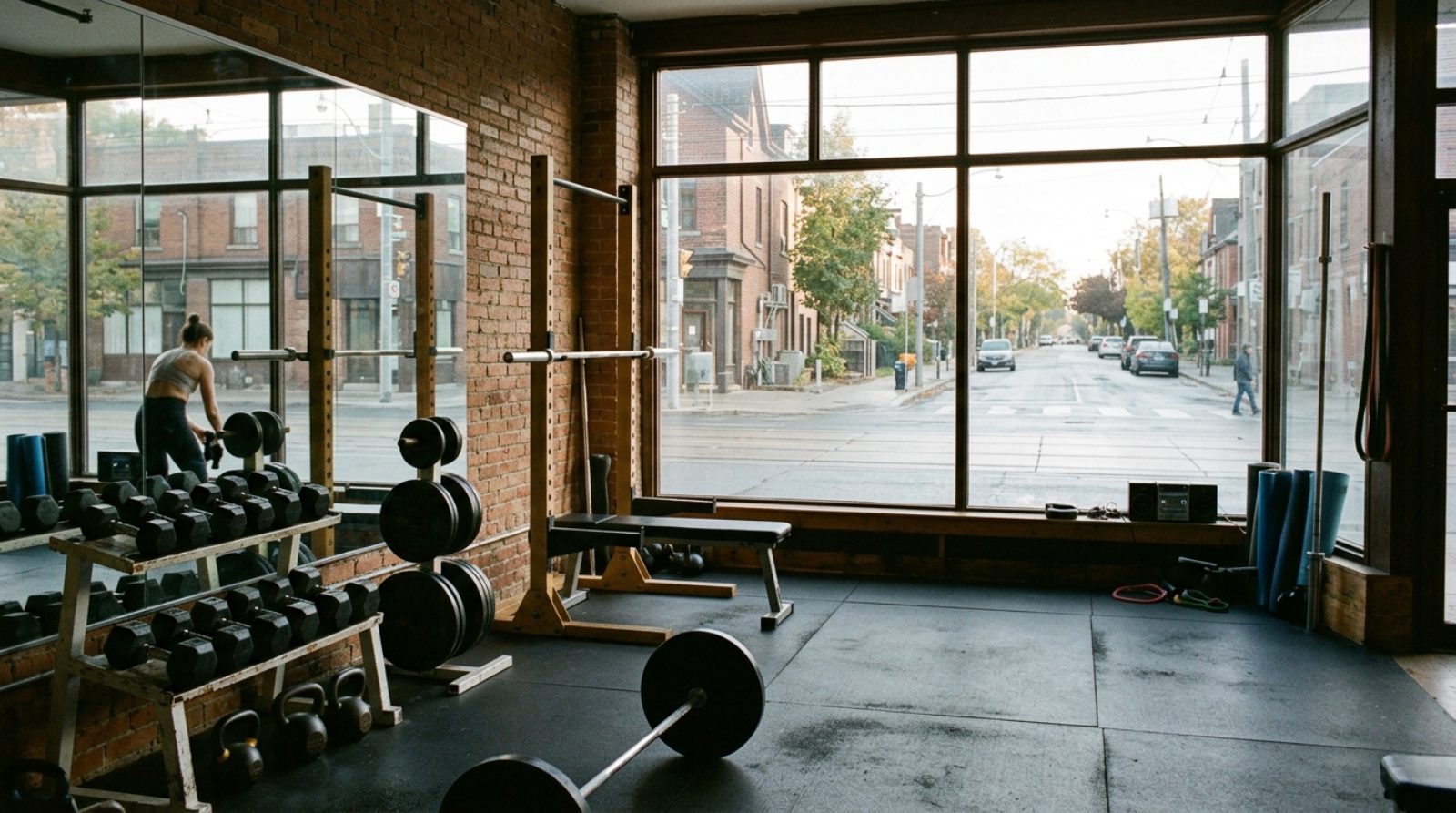 A small independent fitness studio in a Toronto storefront with free weights and a street-facing window