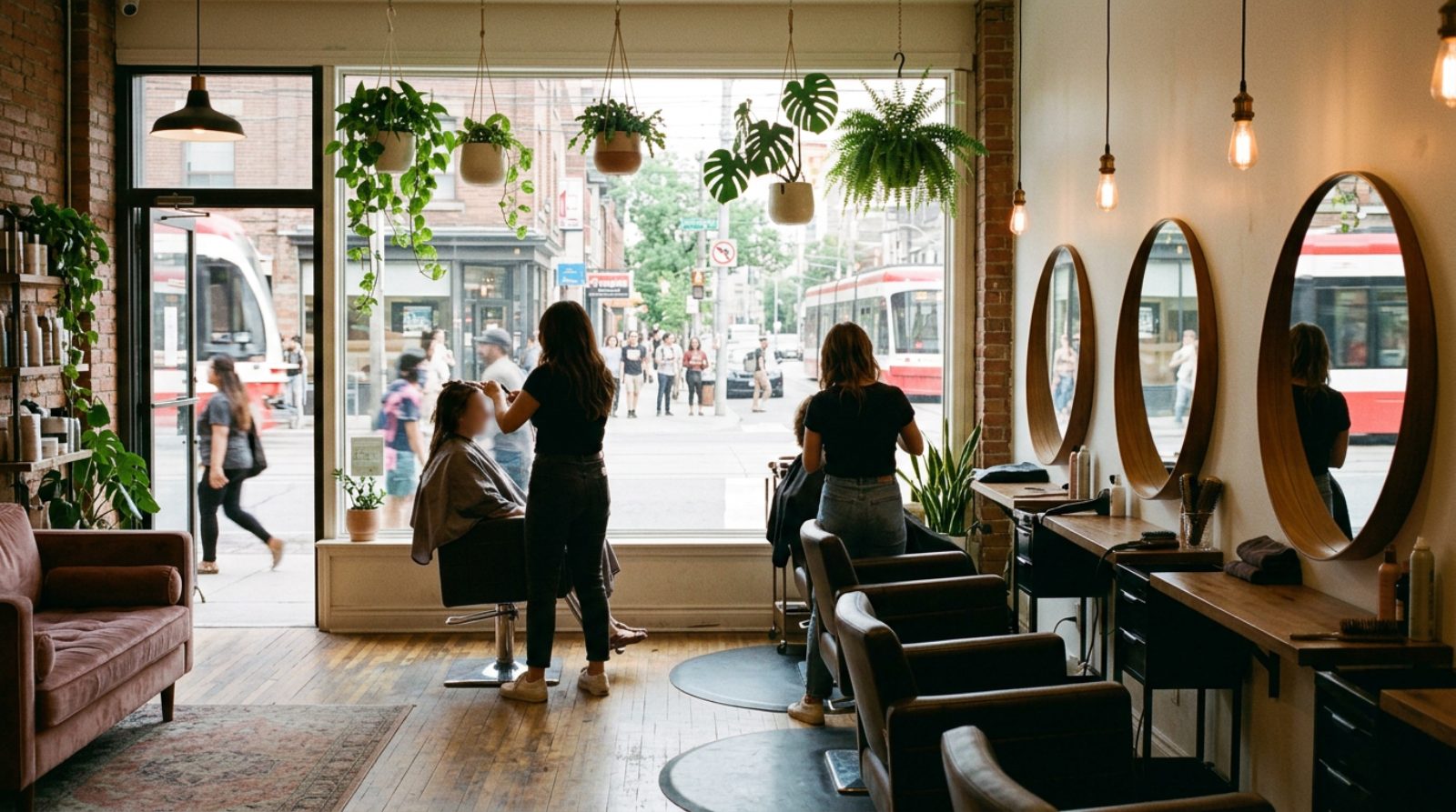 A modern independent hair salon interior with styling chairs and a window onto a busy street