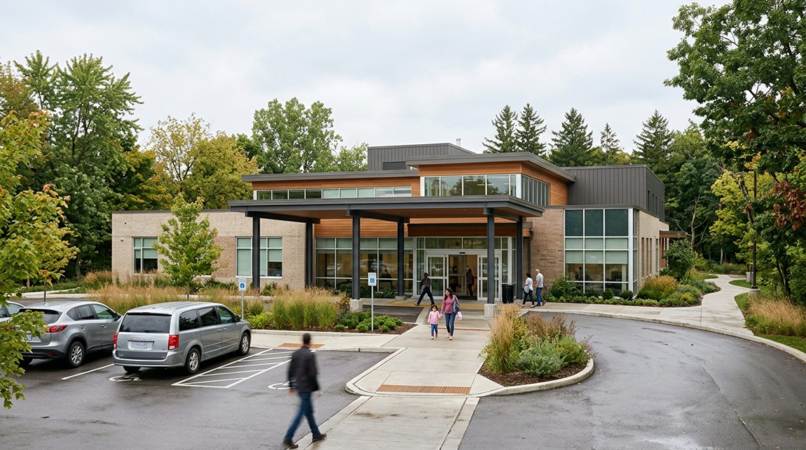 A modern Canadian community health centre exterior with a covered entrance canopy and accessible parking