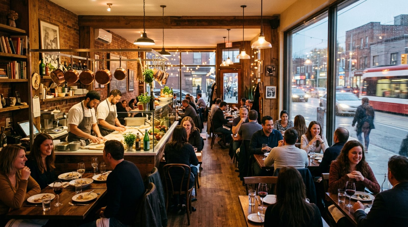 A warm independent Italian restaurant interior on a Toronto retail street at evening
