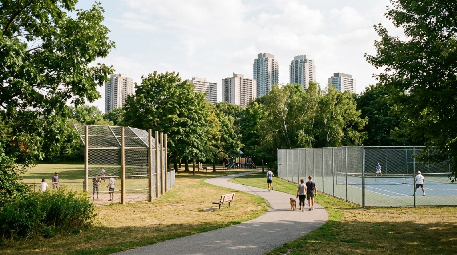 A neighbourhood park in south Etobicoke with mature trees, a ball diamond and condominium towers beyond