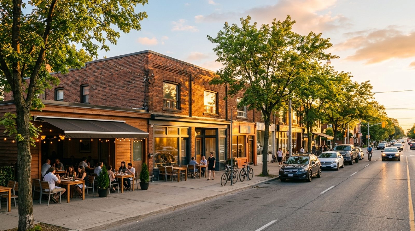 A low-rise retail strip of independent restaurants on a wide Toronto arterial road at golden hour