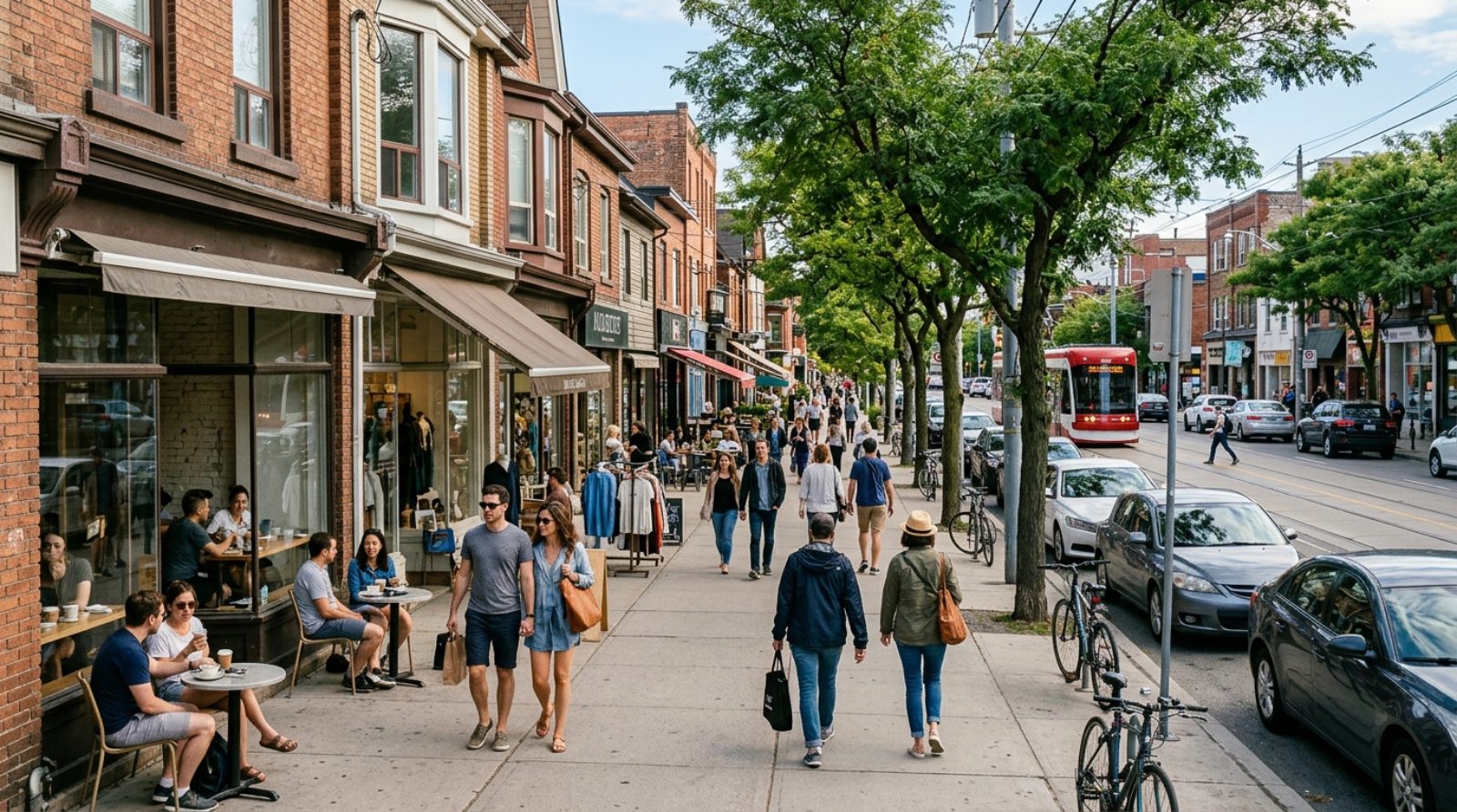 A walkable block of independent storefronts with people on the sidewalk and street trees in Toronto