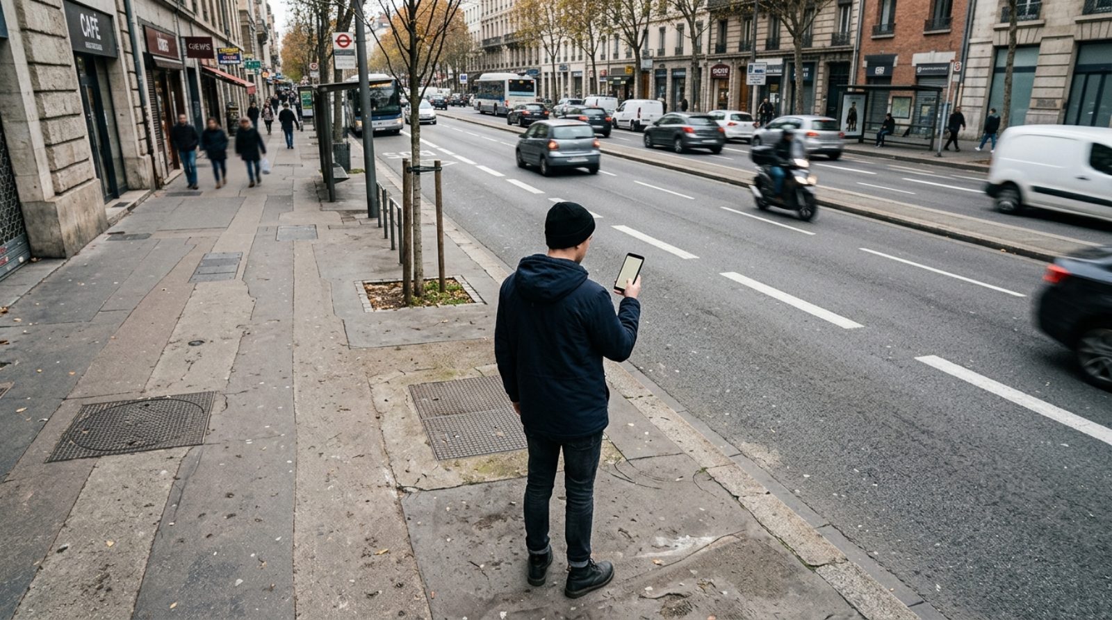A person holding a smartphone showing a map interface while standing on a city sidewalk beside an arterial road