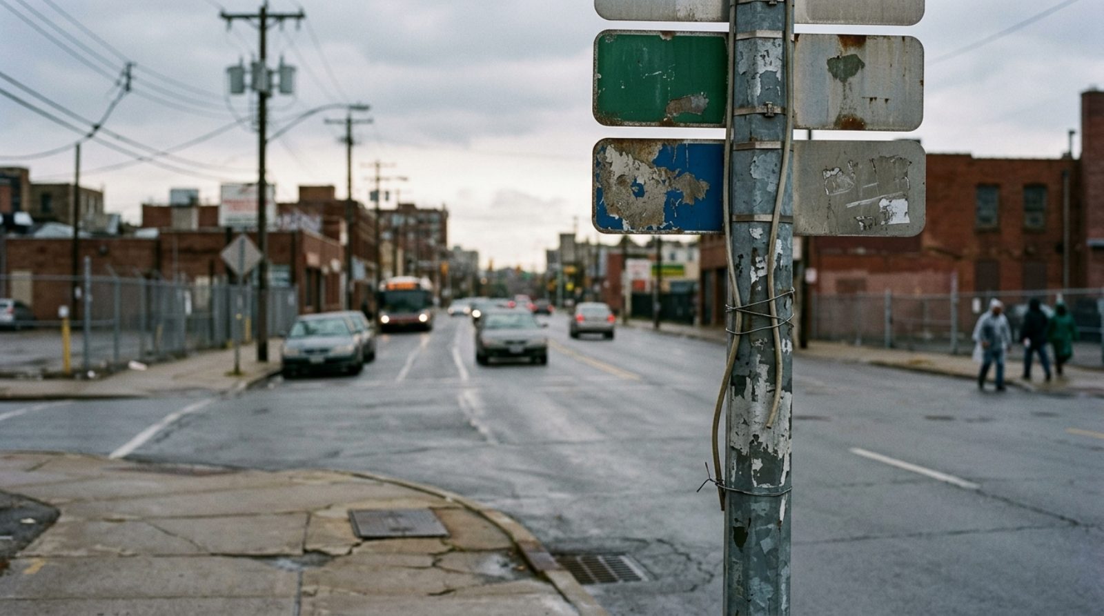 A city street sign post at an intersection under an overcast sky with a wide arterial road stretching away behind it