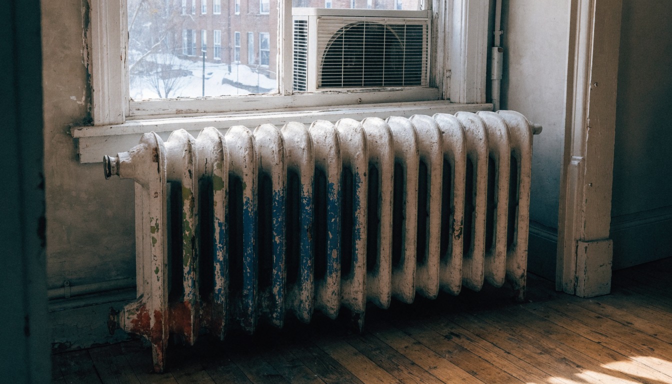 An old painted cast-iron radiator under a Toronto apartment window with a window air conditioning unit above it