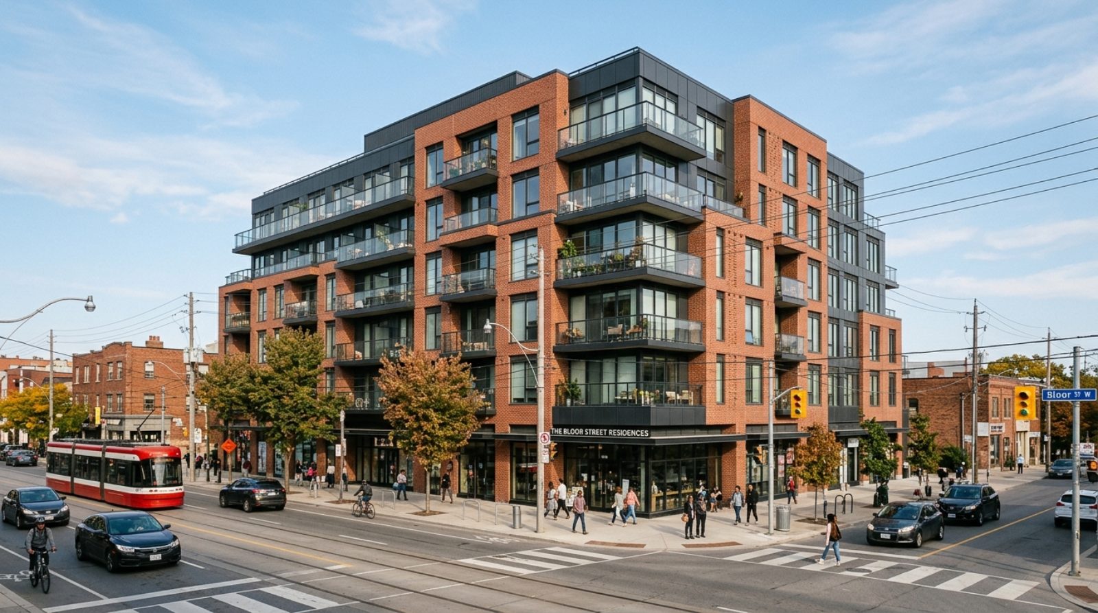 A contemporary nine-storey boutique condominium building with ground-floor retail on a wide Toronto arterial road