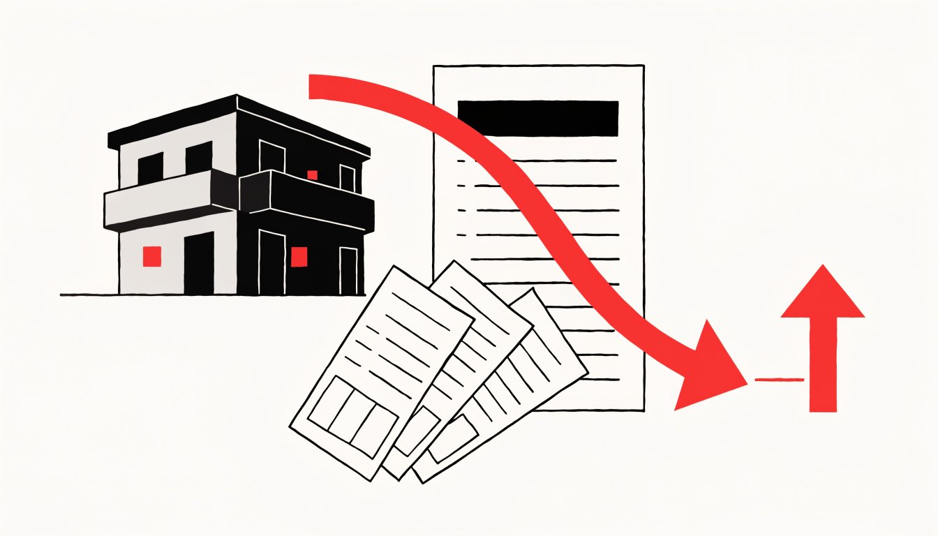 Flat vector illustration of a small rental apartment building beside a ruled tax form, fanned receipts, and a declining depreciation curve that rebounds sharply at the end