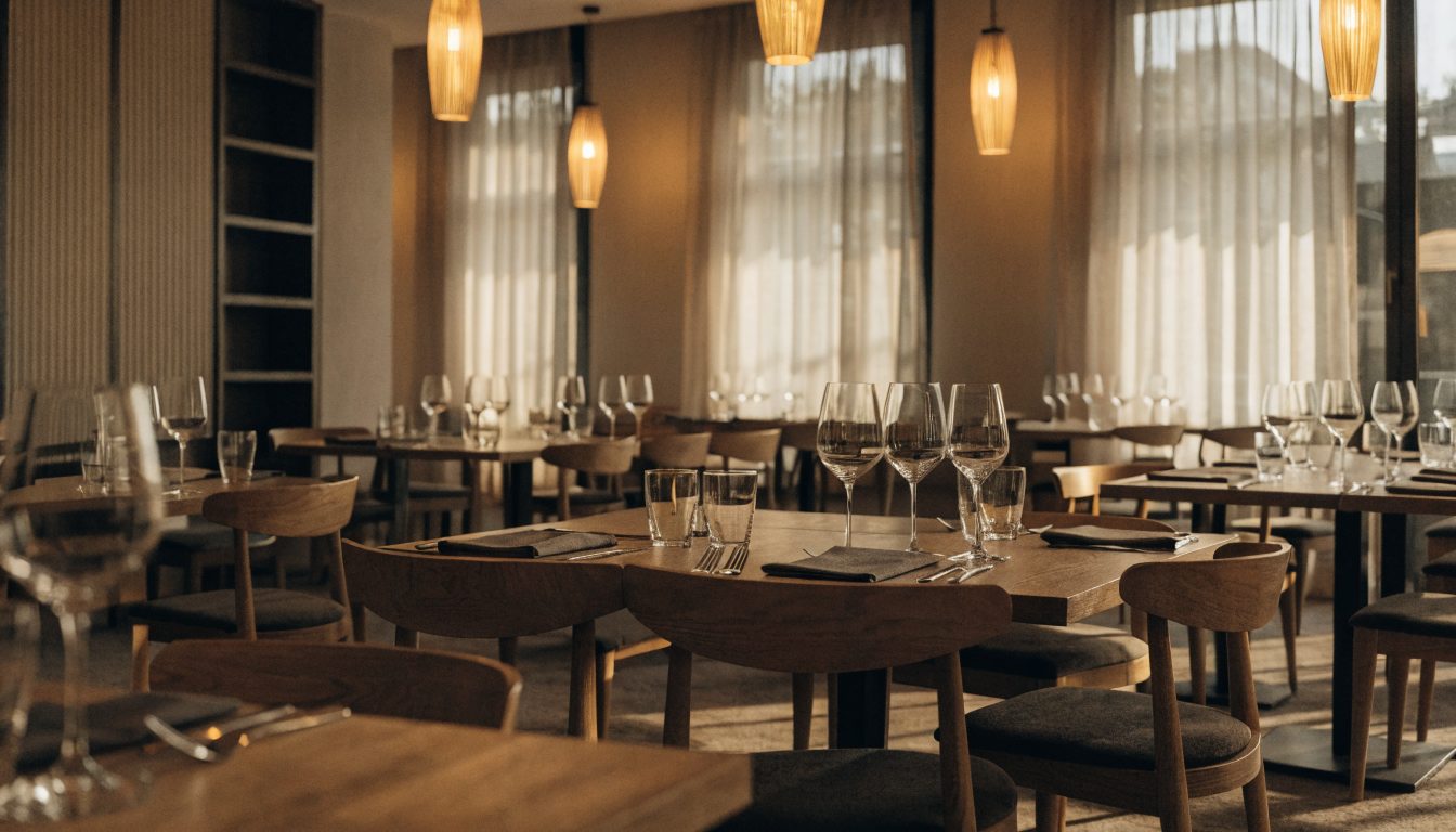Empty restaurant dining room set for service in Ontario (illustrative)