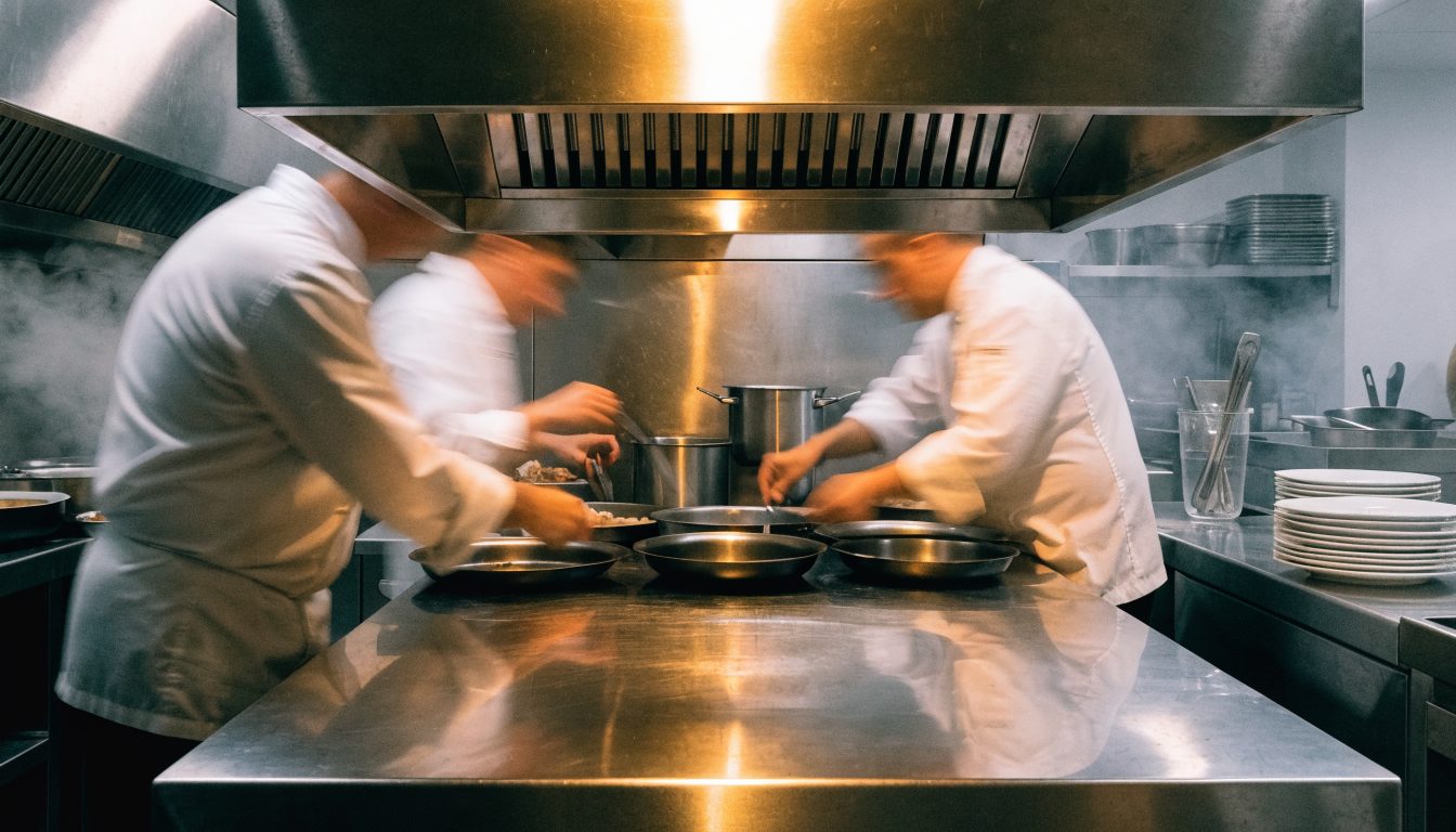 Cooks working in a professional restaurant kitchen (illustrative)