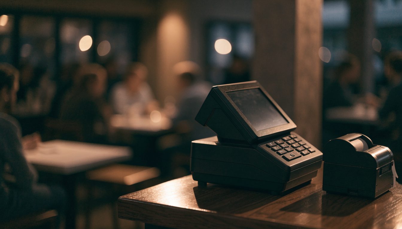 Restaurant point-of-sale terminal and receipt printer (illustrative)