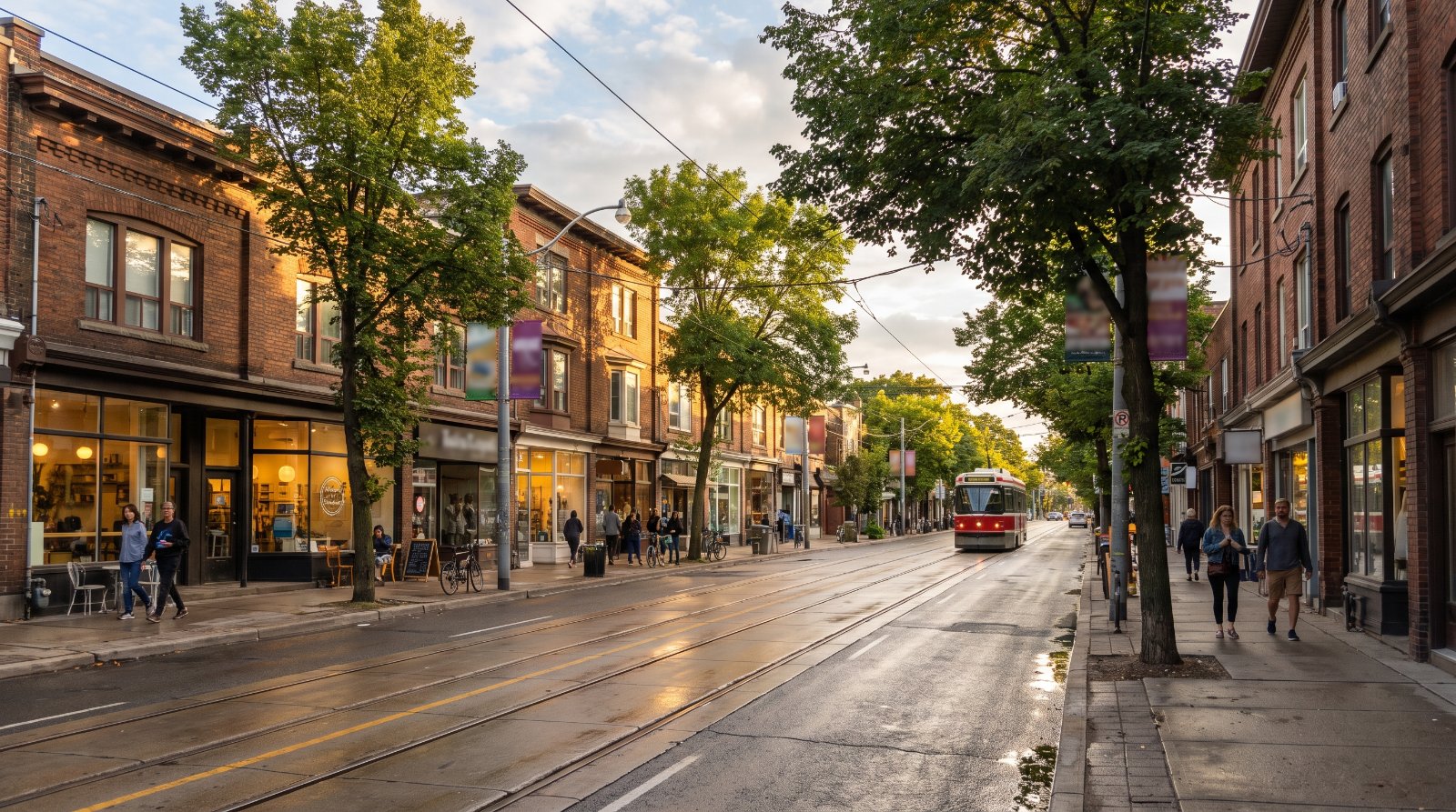 The Roncesvalles Avenue high street in Toronto — brick shopfronts with apartments above and streetcar tracks down the centre