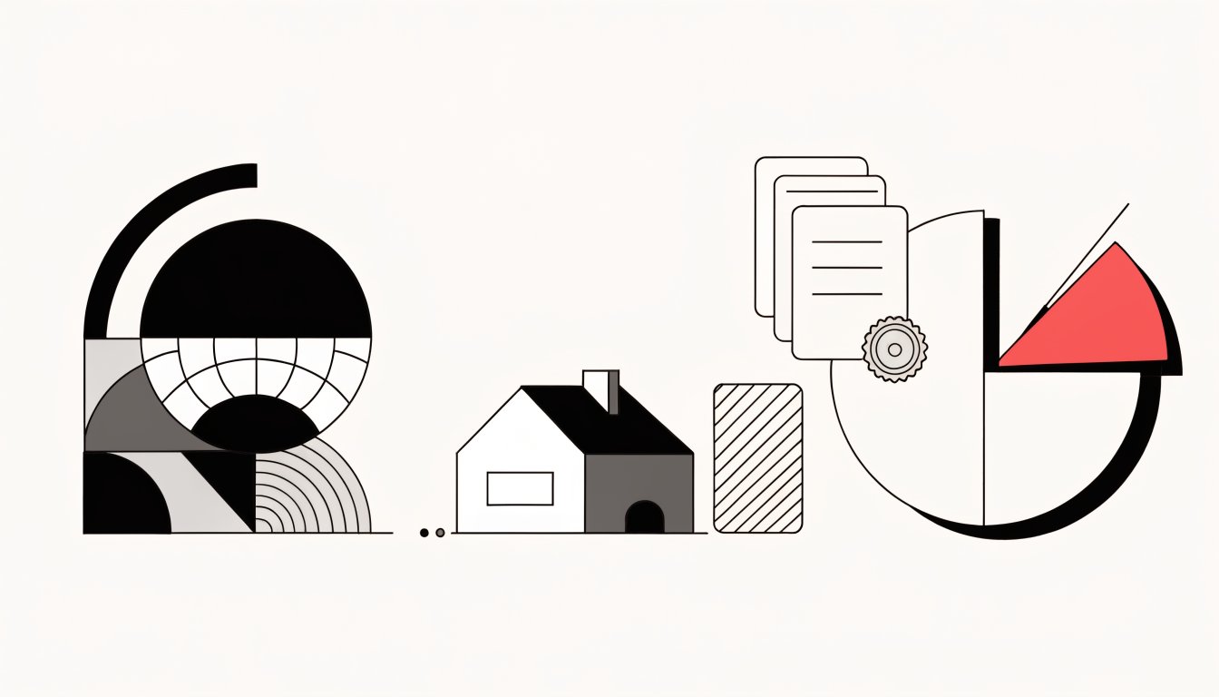 Flat vector illustration of a sold house with a globe and flight arc, a stack of documents with an official seal, and a pie shape with one quarter wedge held back