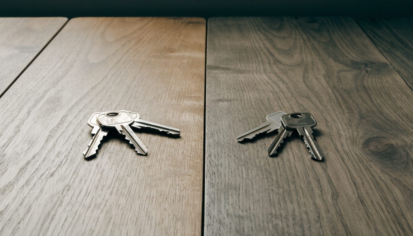 Two sets of house keys on a table representing the sell-first or buy-first decision (illustrative)