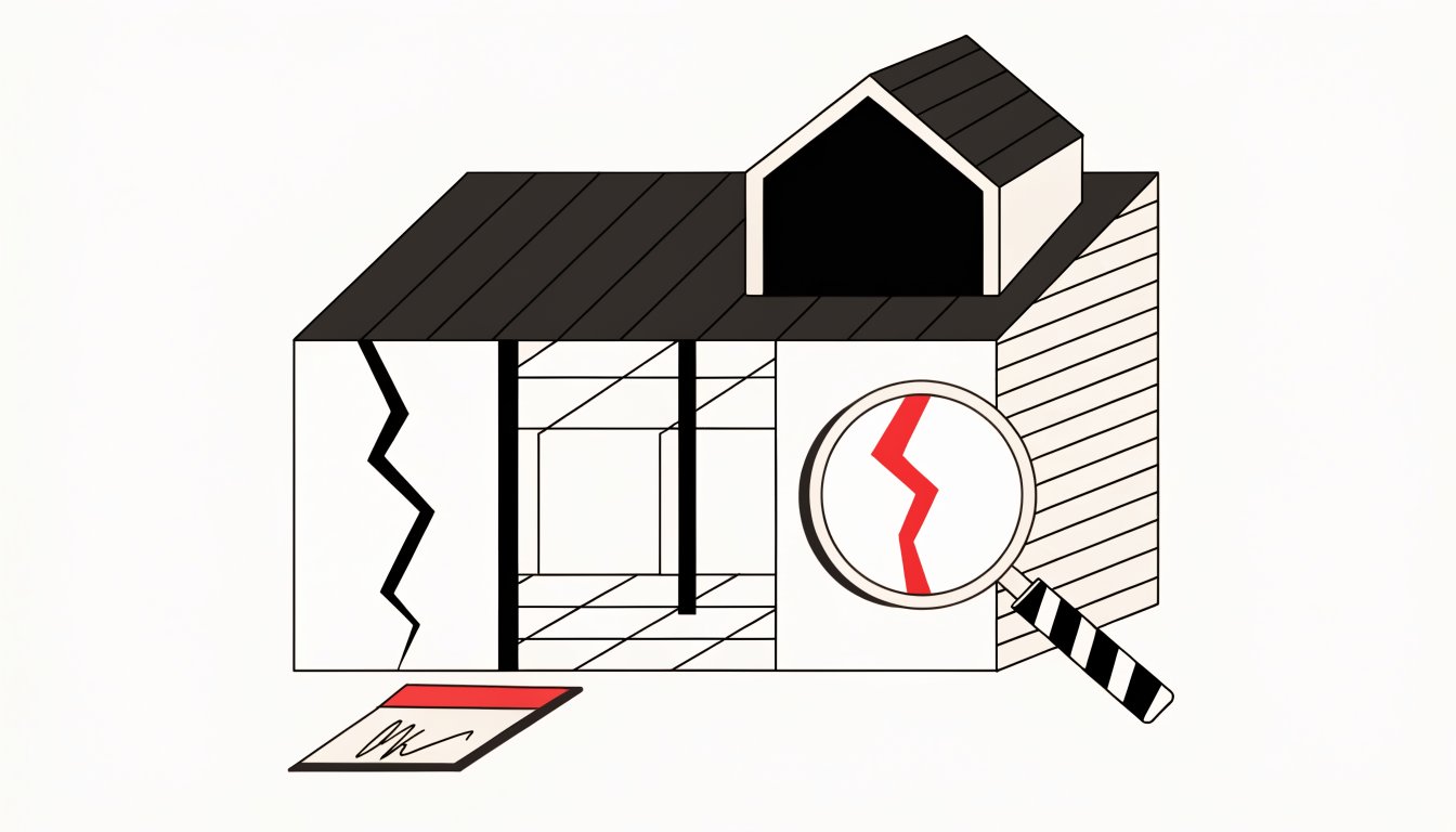 Flat vector cutaway of a house with a visible surface crack and a hidden crack concealed behind an interior wall, a magnifying glass over the hidden one, and a signed document below