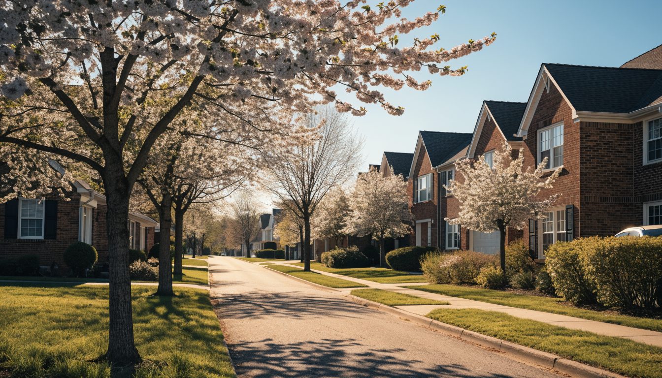 Suburban street with blossoming trees in spring (illustrative)