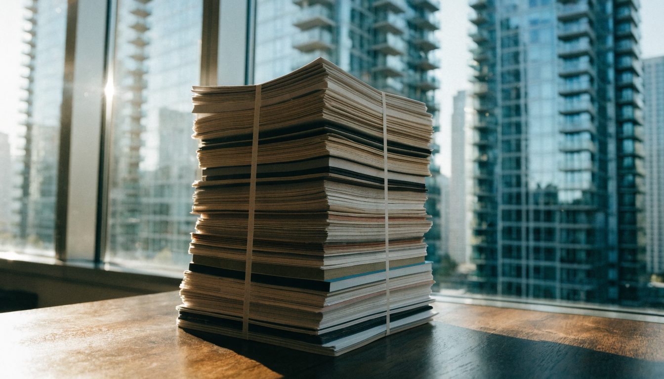 Stack of documents with condo towers through the window (illustrative)