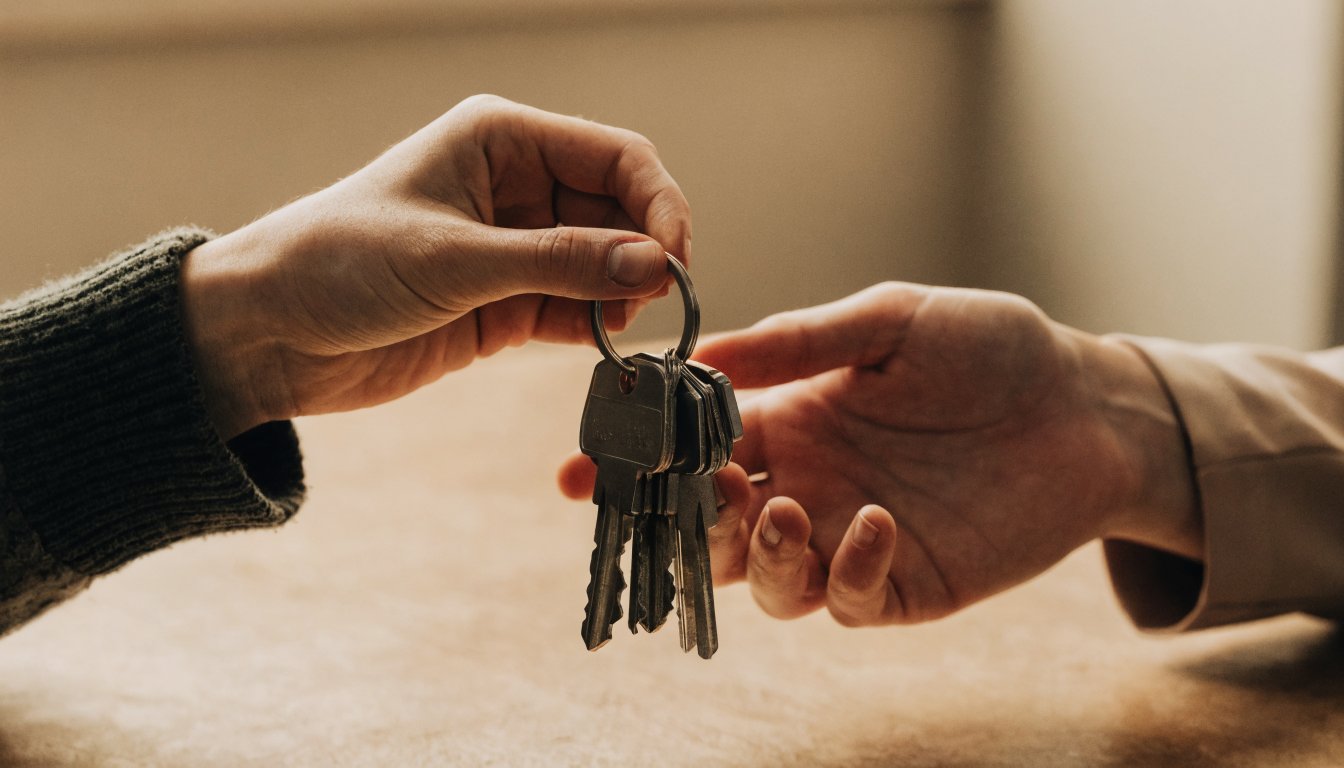 Keys passing from one hand to another representing a sublet or assignment (illustrative)