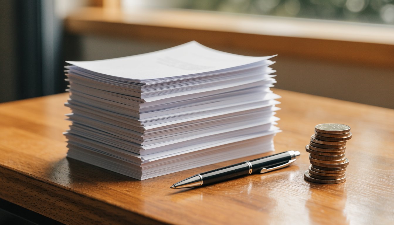 Stack of blank forms with a pen and coins representing a T1 rebate claim (illustrative)