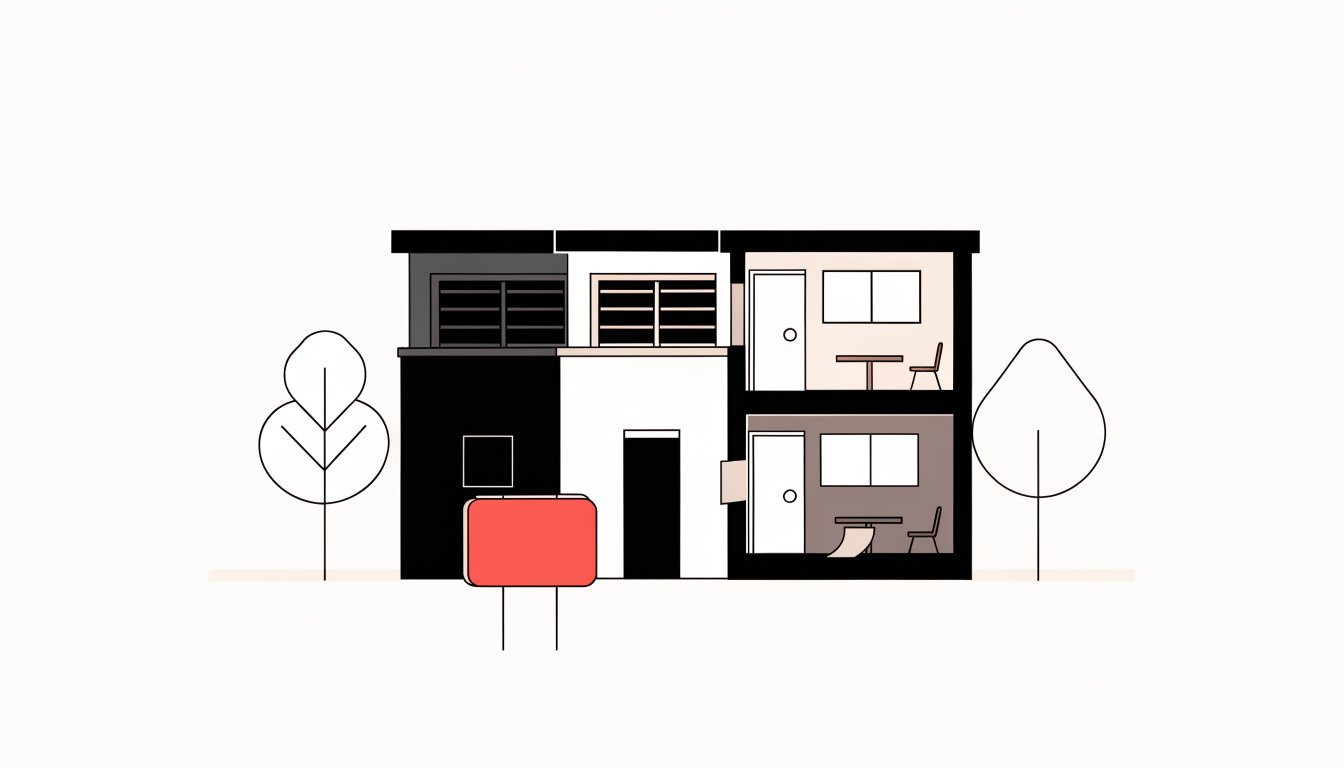 Illustration of a for-sale sign outside an apartment building with a tenant notice on the door