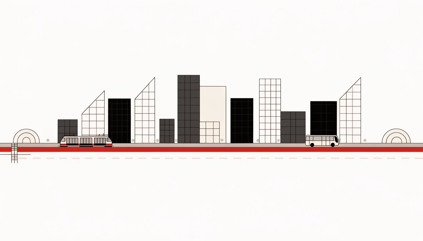 Flat vector illustration of The Queensway corridor in Etobicoke showing mid-rise and tower buildings along an arterial road with a streetcar, bus and bike track