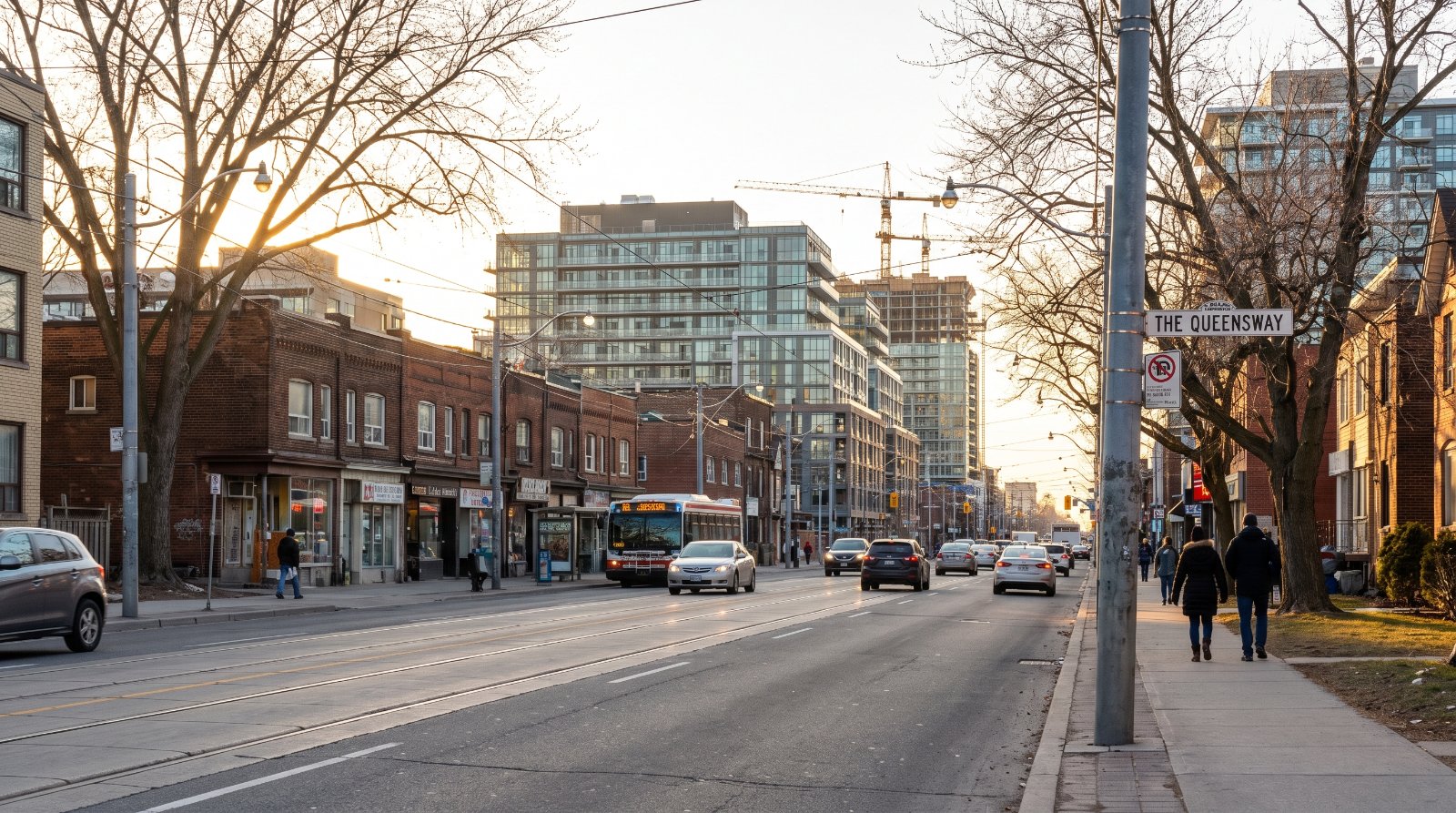 The Queensway in Etobicoke, Toronto — arterial road lined with low-rise mixed-use buildings and new mid-rise construction