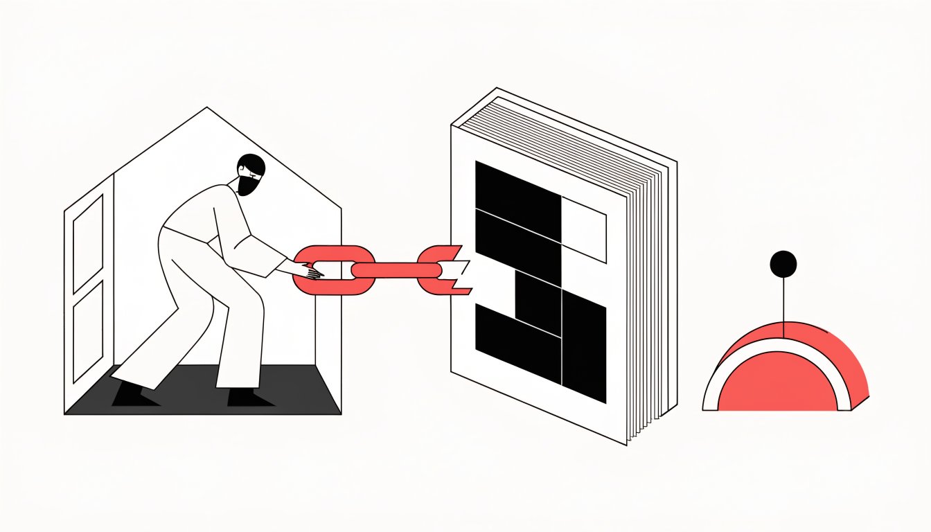 Flat vector illustration of a house with a masked figure reaching toward a property register, a broken chain link between them, and a compensation fund vault at the edge