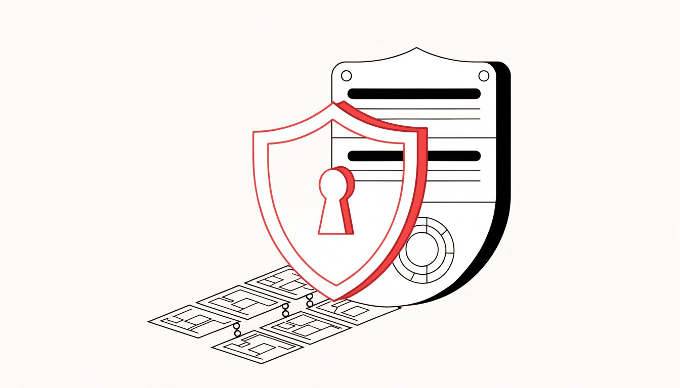 Flat vector illustration of a property deed with an embossed seal overlaid by a protective shield outline, a keyhole at the centre, and a chain of linked title record blocks along the base