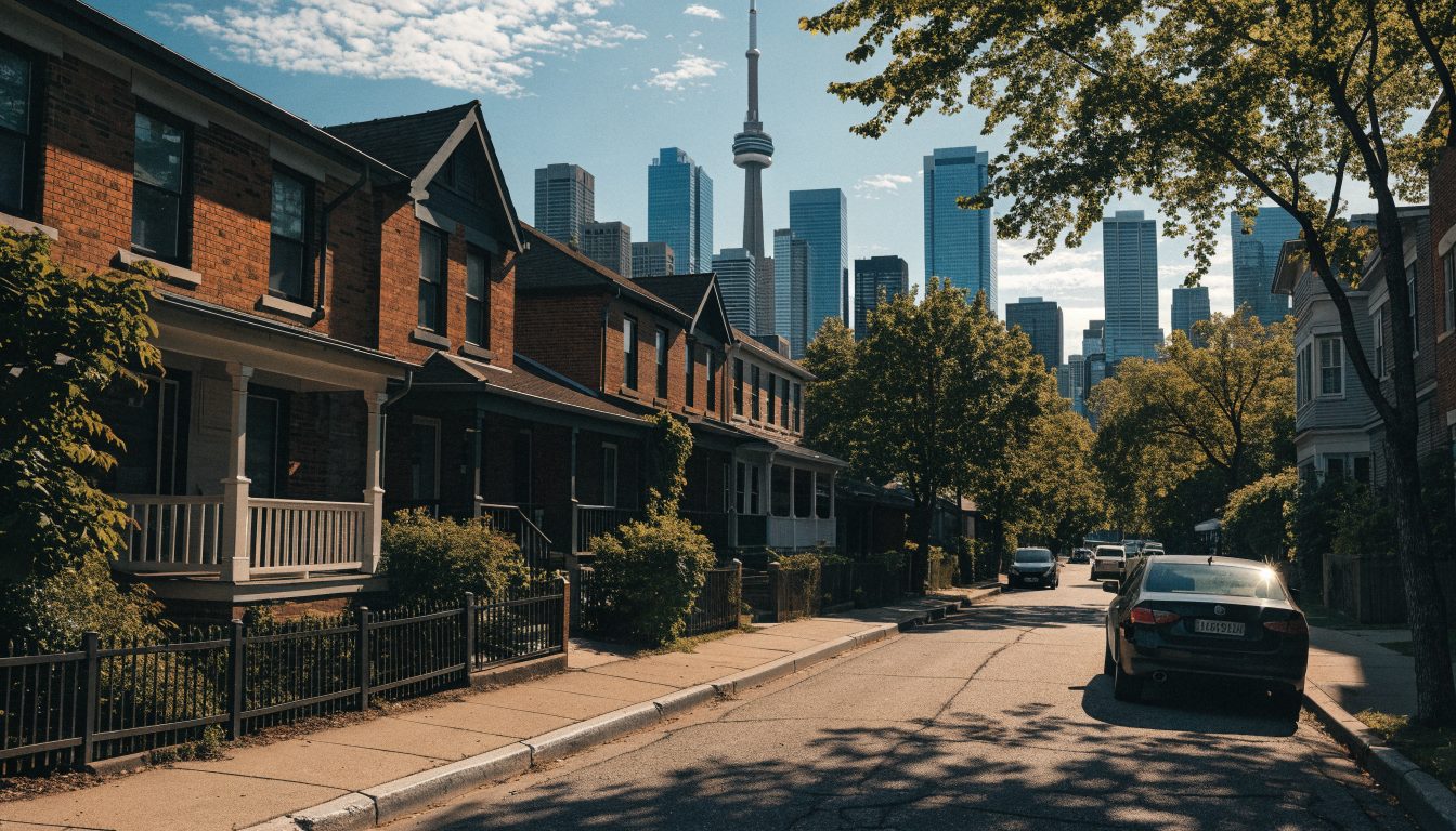 Toronto skyline with CN Tower seen from a residential street (illustrative)