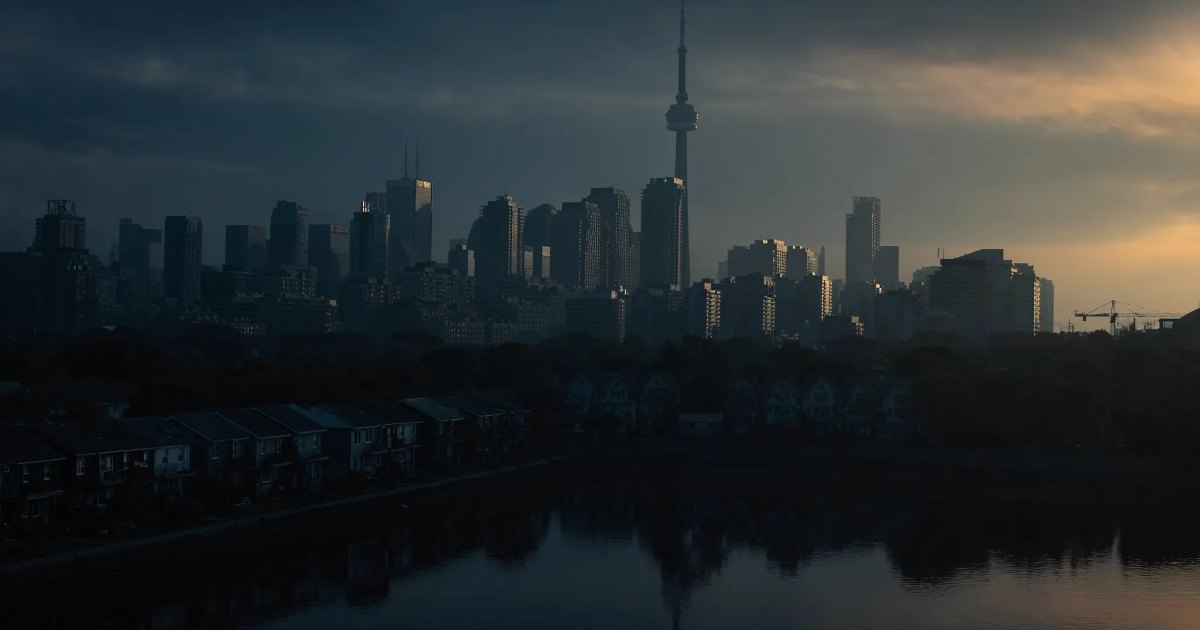 The downtown Toronto skyline at dusk seen from across the water