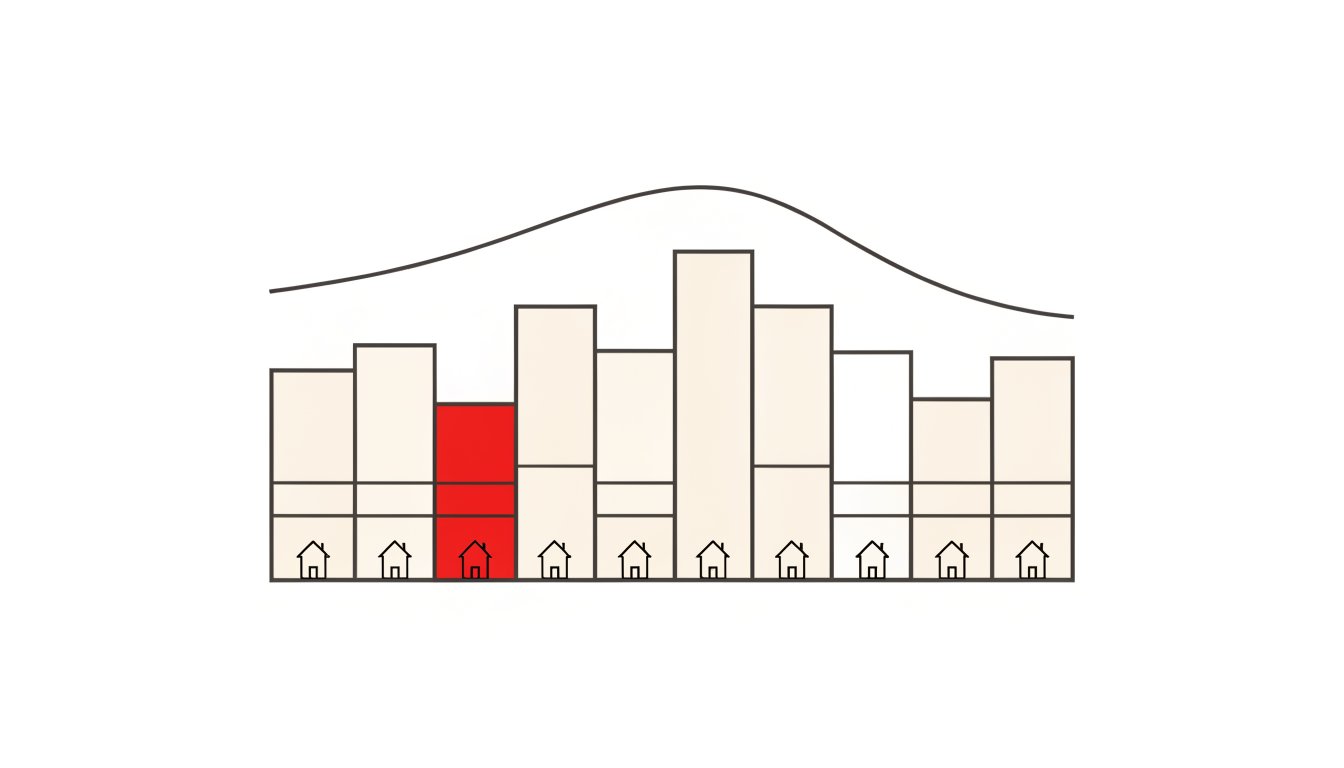Flat vector chart of nine district tiles of varying heights forming a bar-chart landscape, one picked out in red as the shortest, with a curve arcing over the grid and dipping to a low point at the centre