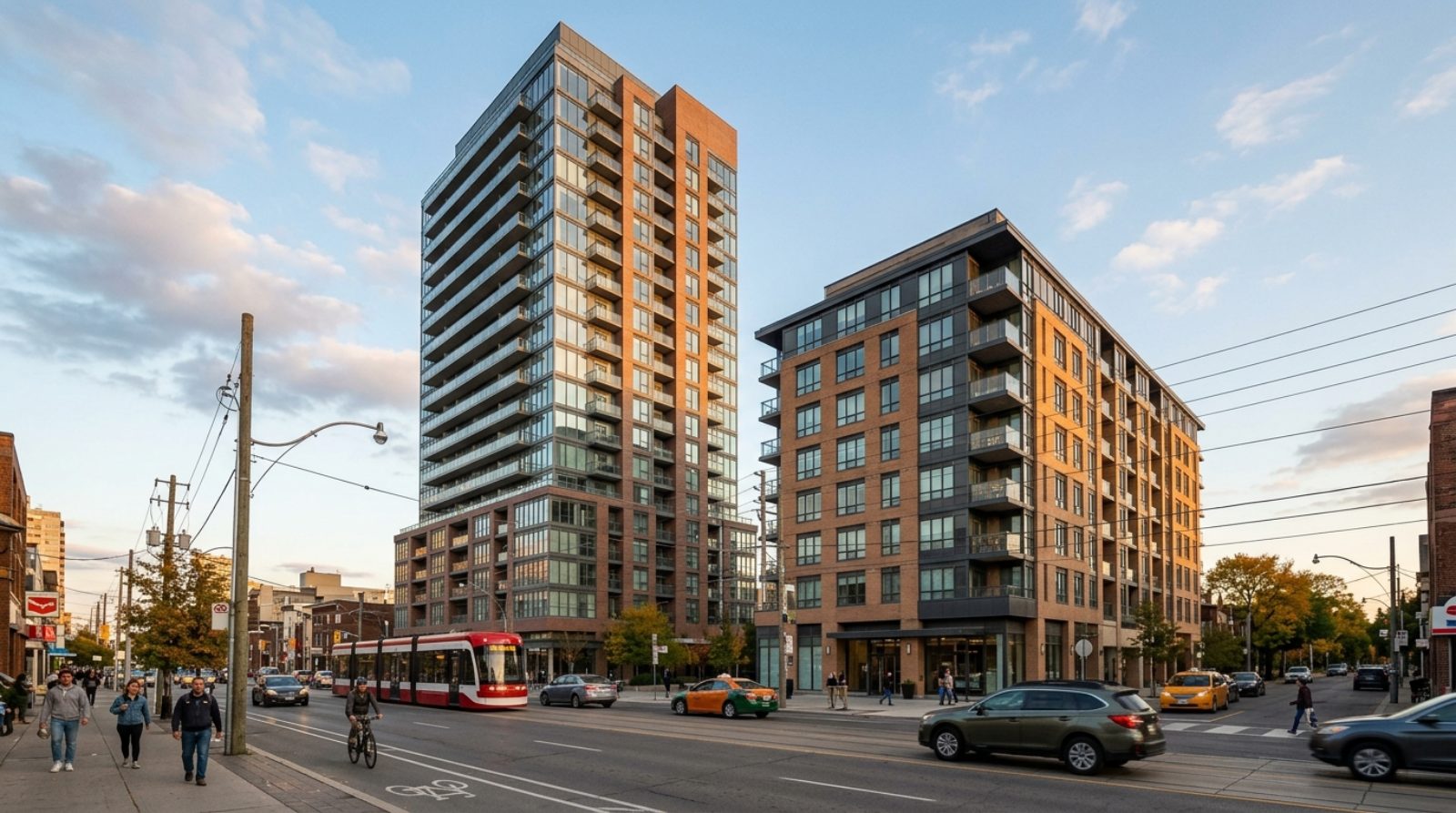 A tall condominium tower beside a shorter mid-rise on a Toronto arterial road, showing the height difference