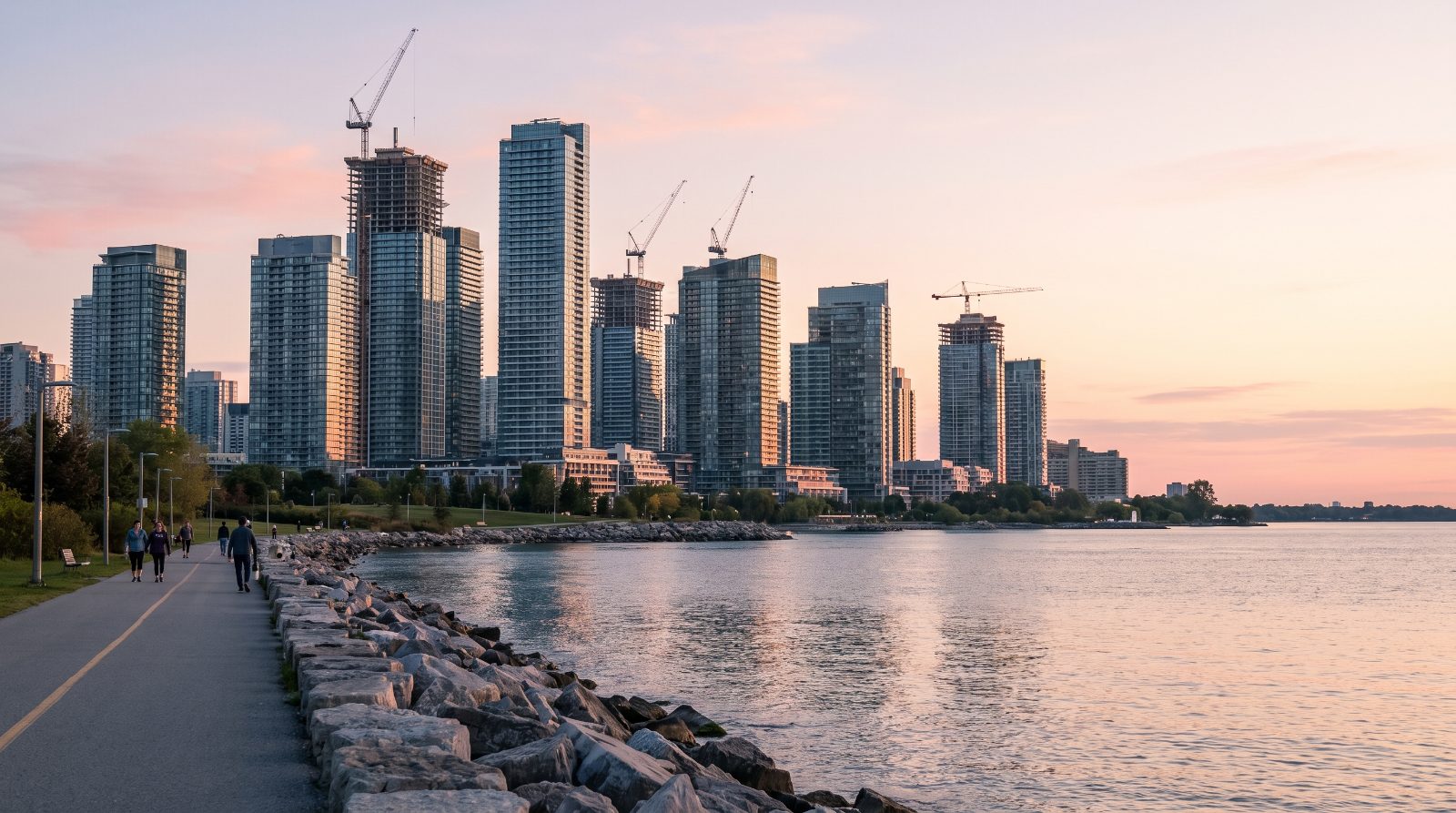 The west Toronto skyline at sunrise from the Humber Bay shoreline, a cluster of new condominium towers with construction cranes