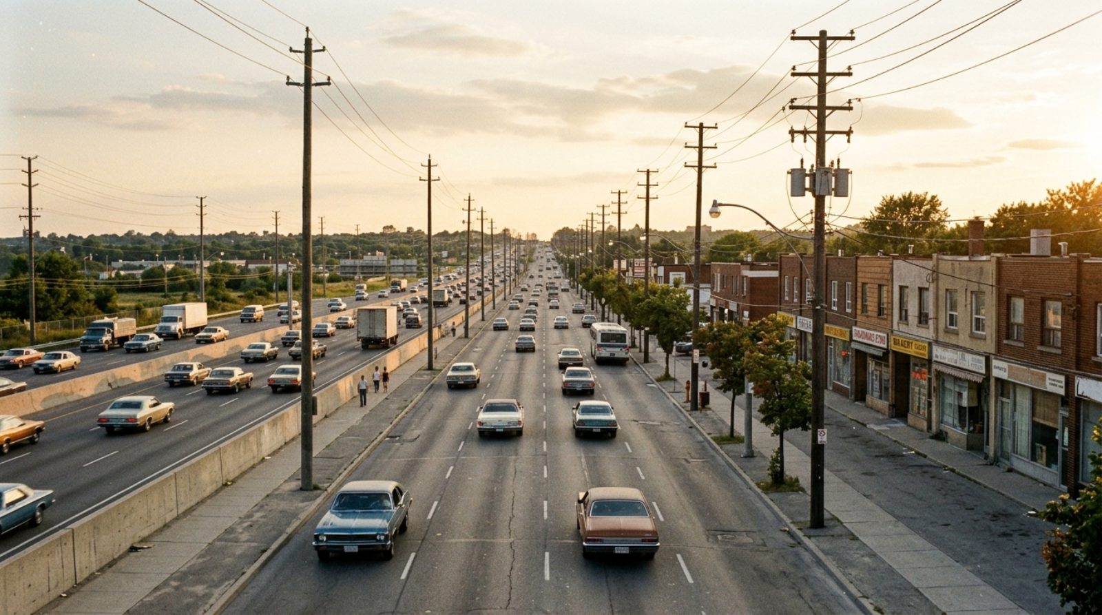 A wide mid-century arterial road in suburban Toronto beside a highway, with low commercial buildings and utility poles
