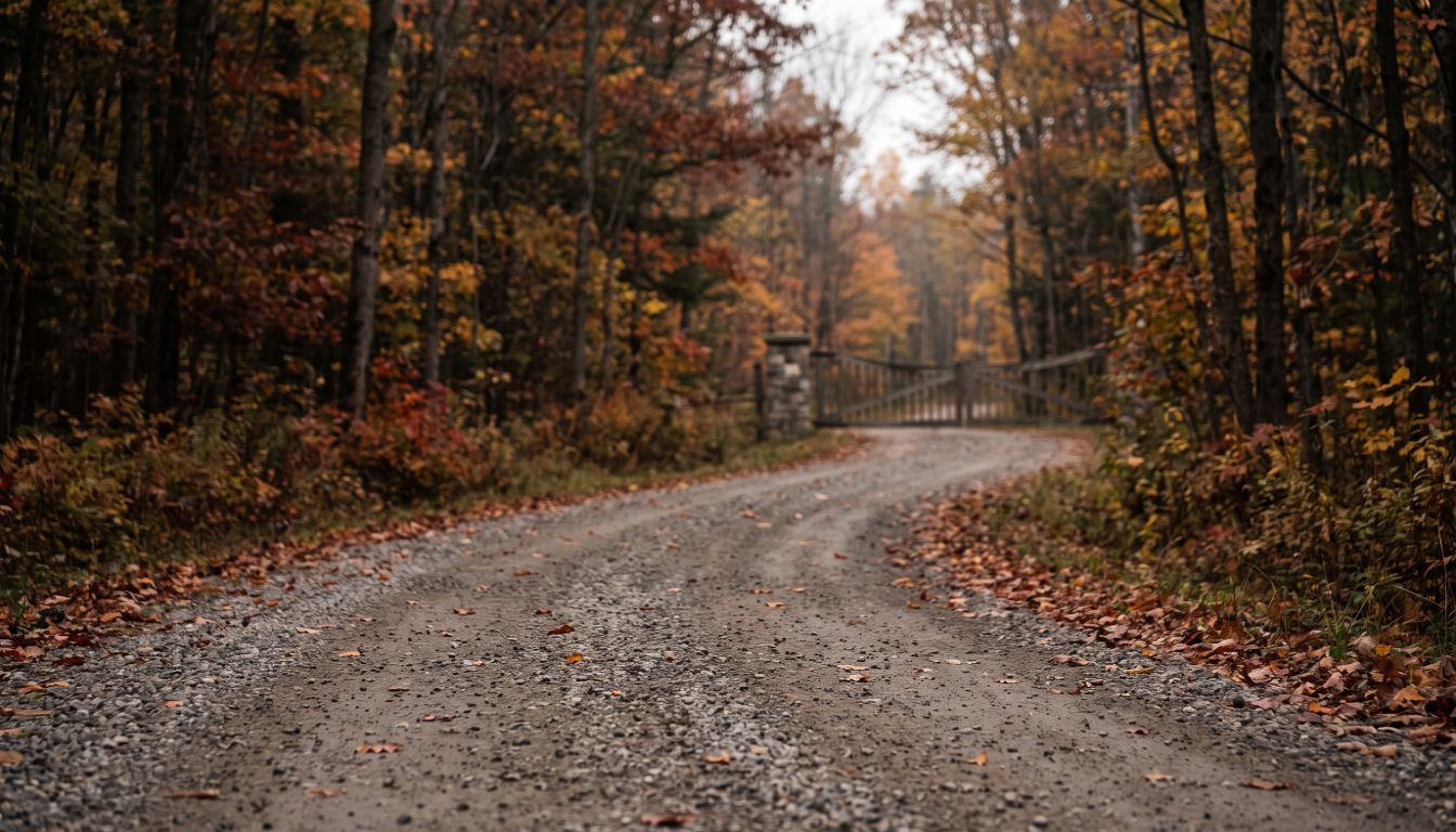 Snow-covered gravel private road ending at a rural Ontario lot, illustrating year-round legal access questions